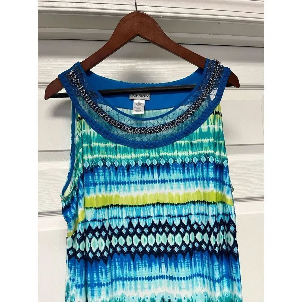 Catherine’s Sleeveless Blue & Green Chain Trimmed Dress sz 1X EUC